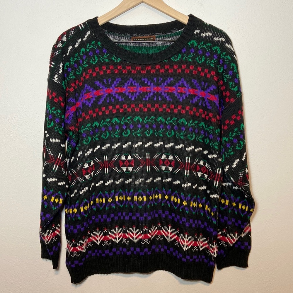 Vintage 80s Knit Sweater Crewneck Pullover Grandpa Grandma XL Colorful Black